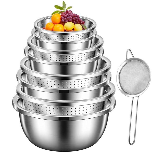 ATPWONZ 8+1 Stainless Steel Colander Set with Mixing Bowl, 4 Sizes (1.8QT, 2.3QT, 3QT, 4QT) with 1 Mesh Strainer, for Washing Rice, Fruits, Vegetables, Draining Pasta, Meat, and Spaghetti