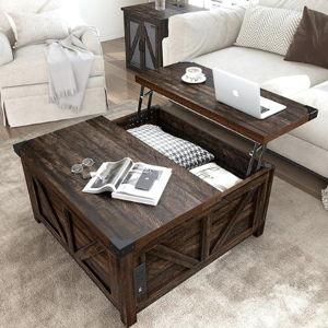 Farmhouse Lift Top Coffee Table with Storage, Wood Square Center Table with Charging Station&USB Port, Living Room Table w/Large Hidden Space, for Living Room, Bedroom, Home Office, Brown