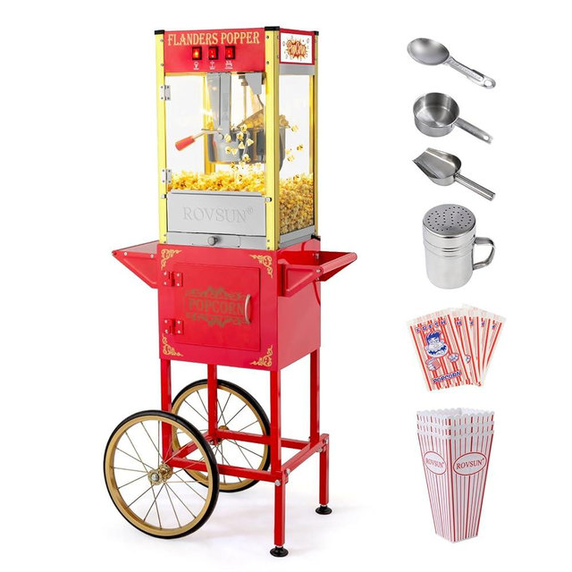 ROVSUN Popcorn Machine with Cart, Wheels & 8 Oz Kettle Makes Up to 32 Cups ETL Certified, Popcorn Maker with Stainless Steel Scoop, Oil Spoon & 3 Popcorn Cups for Commercial Home Movie Theater, Red