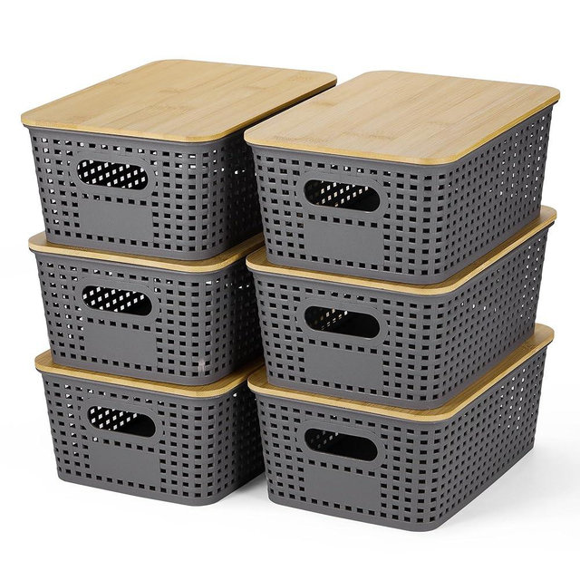 Plastic Storage Baskets With Bamboo Lid - Plastic Storage Containers Stackable Storage bins: Storage Baskets for Organizing Shelves Drawers Desktop Closet Playroom Classroom Office, 6 Pack, Gray