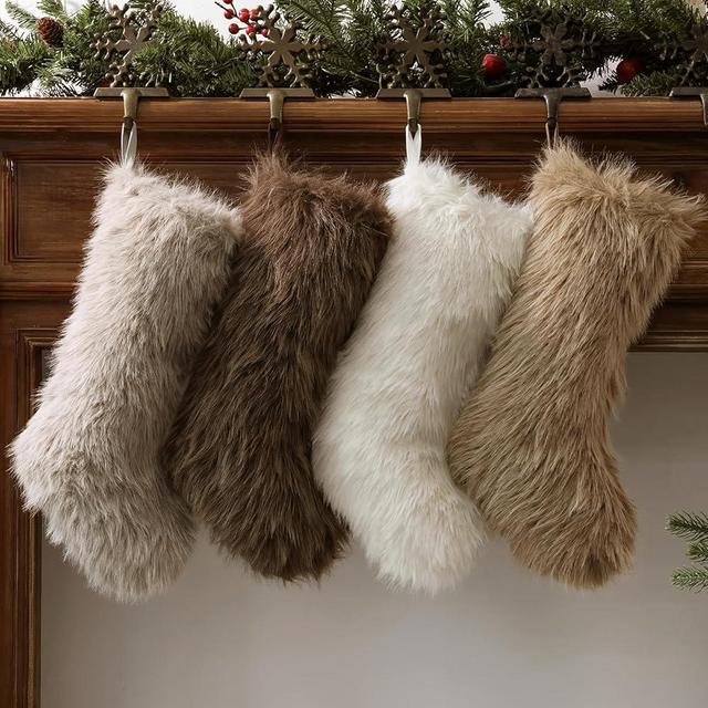 Bunny Chorus Christmas Stockings, 4 Pcs 18 Inch Neutral Luxury Thick Plush Faux Fur Stocking, 4 Neutral Colors of White Brown Grey, Christmas Home Décor Xmas Party Christmas Decorations Winter Gifts