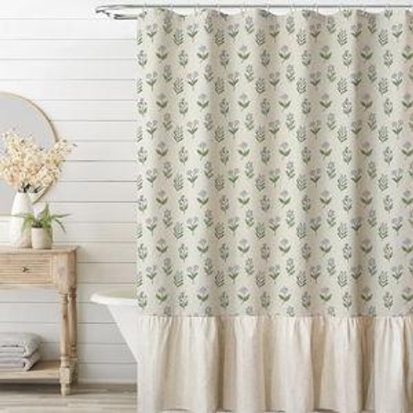 MUGINYU Linen Textured Ruffle Shower Curtain - Vintage Floral Block Print in Beige and Green, Boho Cottagecore Farmhouse French Country Bathroom Decor Set, 72x72 Inches
