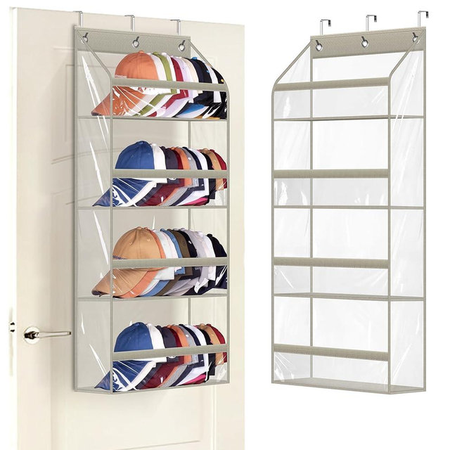 AOODA Clear Over the Door Hat Racks for Baseball Caps, Hold 48 Caps Hat Storage Organizer for Closet Wall, Deep Pockets Hanging Snapback Holder Shelves with 3 Hooks, Grey