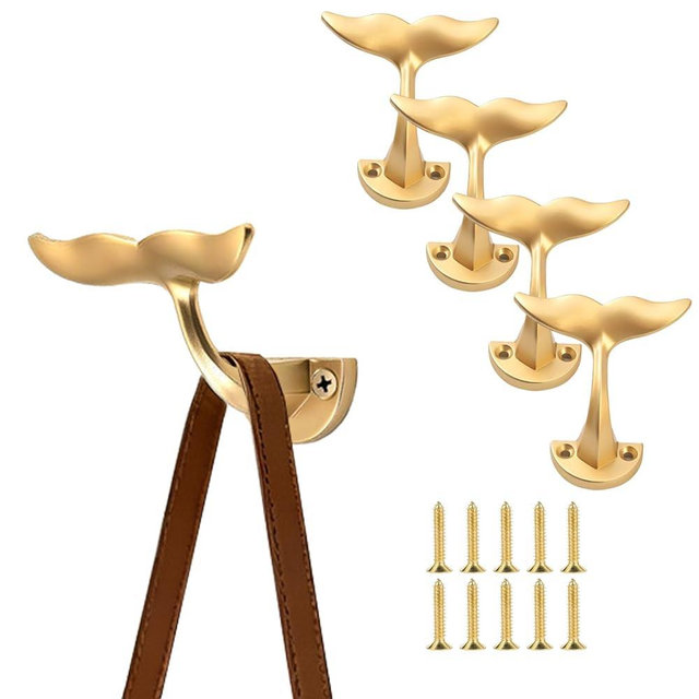 FKLOYP Gold Whale Tail Wall Hooks (Set of 5), Heavy Duty, Wall Mounted, Decorative Wall Hooks Used for Hanging Coats, Towel, Robe, Wardrobe/Bathrooms, Ocean Nautical Home Decoration