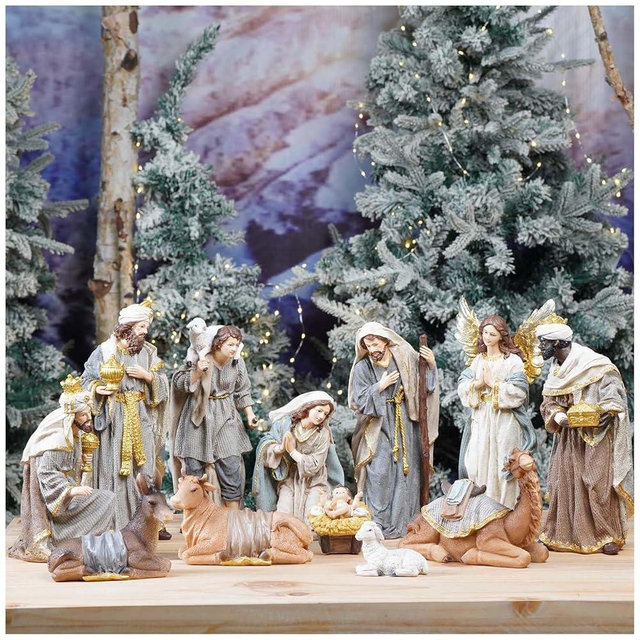 Zayton Nativity Set Christmas Indoor 12 Pcs 12 Inch Scene Statue Figurines Jesus Manger Crib Ornament Church Xmas Home Catholic Religious Decoration