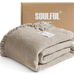 SOULFUL Muslin Throw Blanket with Tassels - Soft Queen Cotton Throw Blanket for Couch or Bed, Lightweight and Breathable Gauze for All Seasons, Light Tan, 90" x 90"