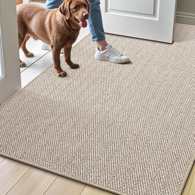 LUMI Ultra Thin Indoor Door Mat for Entrance 32"x48", Non Slip Entryway Mat, Low Profile Doormat, Unique Herringbone Design Carpet for Inside, Patio, Porch, Beige