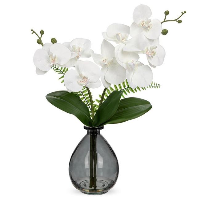 White Orchids Artificial Flowers, Faux Orchid in Glass Vase Real Touch Small Phalaenopsis Orchid Flowers Arrangements with Black Vase Orchid Centerpiece for Dining Room Table