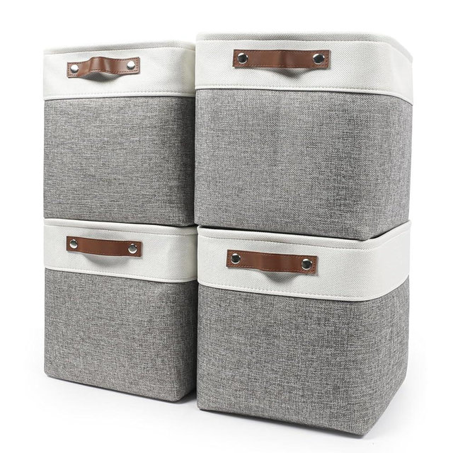 Bagnizer 13x13 Cube Storage Bins, Collapsible Fabric Storage Box, 4 Pack Closet Baskets with Handles for Organizing, Shelf, Toys, Clothes, Home, Office, Nursery (Grey&White)