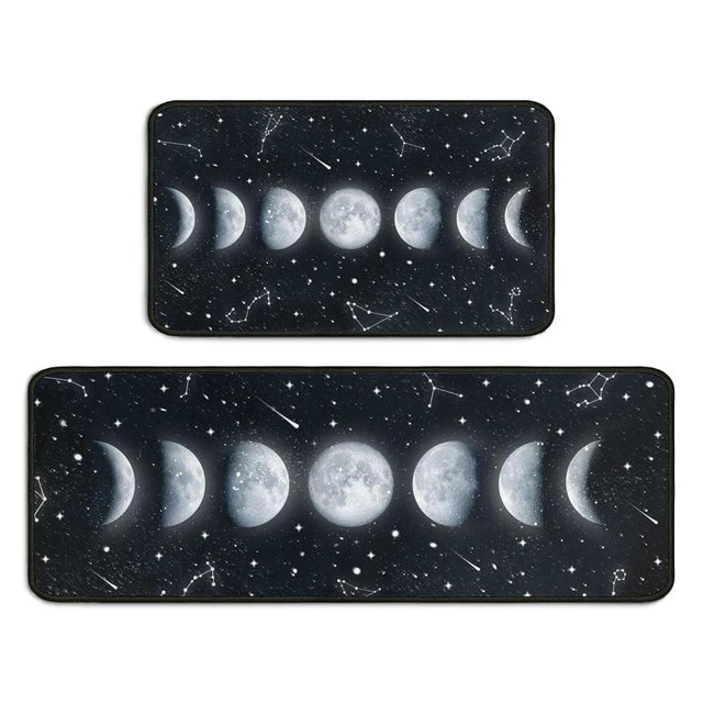 Protikol Moon Phase Kitchen Rugs Set 2 Pieces Black Non Skid Kitchen Floor Rug and Mat Kitchen Runner Rug Standing Area Mat 17"x47"+17"x30"