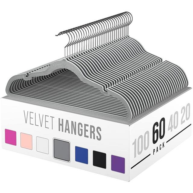 Velvet Clothes Hangers (20, 40, 60, 100 Packs) Heavy Duty Durable Coat and Clothes Hangers | Vibrant Color Hangers | Lightweight Space Saving Laundry Hangers (60 Pack - Grey)