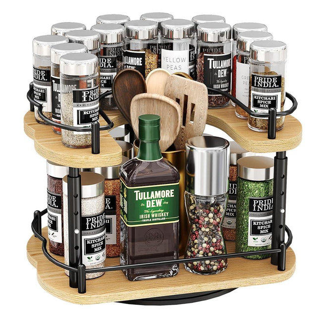 Lazy Susan Organizer Spice Rack - Spice Organization for Cabinet Height Adjustable Rotating Lazy Turntable, Pantry Kitchen Wood Revolving Seasoning Organizer (Natural, 12 Inch)