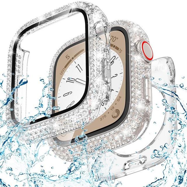 Goton 2-in-1 Waterproof Bling Case Compatible for Apple Watch Screen Protector 40mm 41mm 42mm 44mm 45mm 46mm Ultra 49mm Series 10 9 8 7 6 5 4 SE 2, Glitter Rhinestone Face Cover for iWatch Accessories