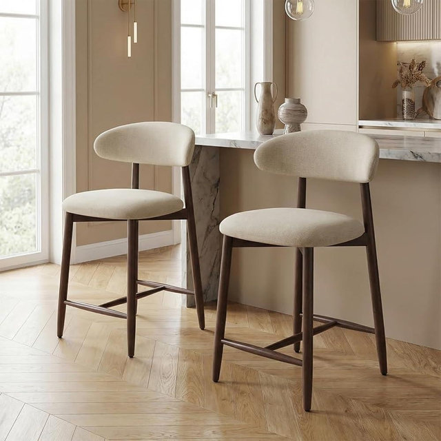 Homixis Bar Stools Set of 2, 25.6″ Counter Height Bar Stools with Wood Legs, Upholstered Modern Kitchen Barstools for Kitchen Island Dining Room Bar, Beige