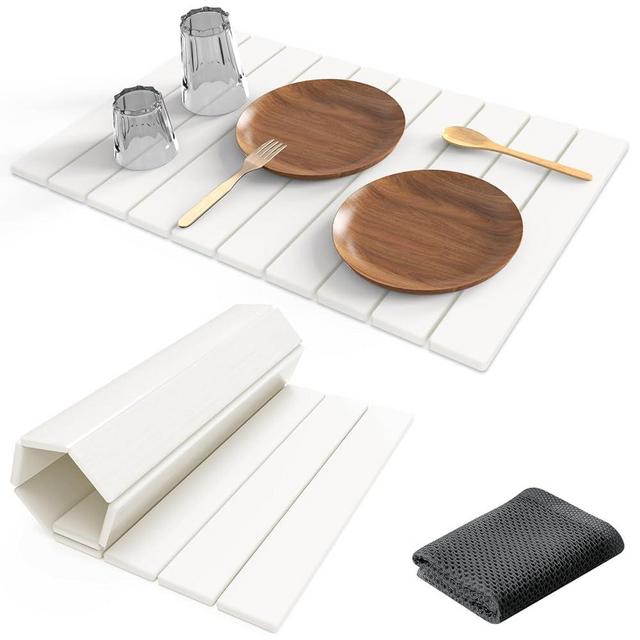 Stone Dish Drying Mat for Kitchen Counter,24"(L)×16"(W) Collapsible Fast-Drying Diatomaceous Earth Mats with Towel Sanding Tool,Versatile Stone Drying Mats for Cups Dishes Bottles