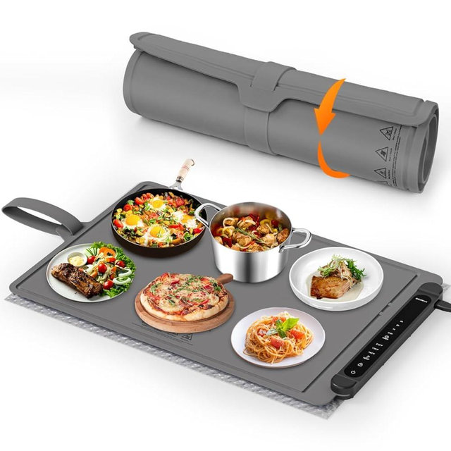Food Warming Mat Electric Tray: Adjustable Silicone Heating Pad with 3 Temperature Settings 4 Timer Function Portable Roll Up Hot Plate for Buffets Party Gatherings Kitchen Countertop Black Gray