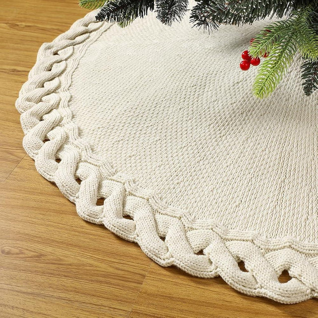 Sattiyrch Knit Christmas Tree Skirt – Classic Cable Knit Tree Base Wrap with Tie Closure – Cozy Holiday Décor for 7–9 ft Christmas Tree (Beige,48in)