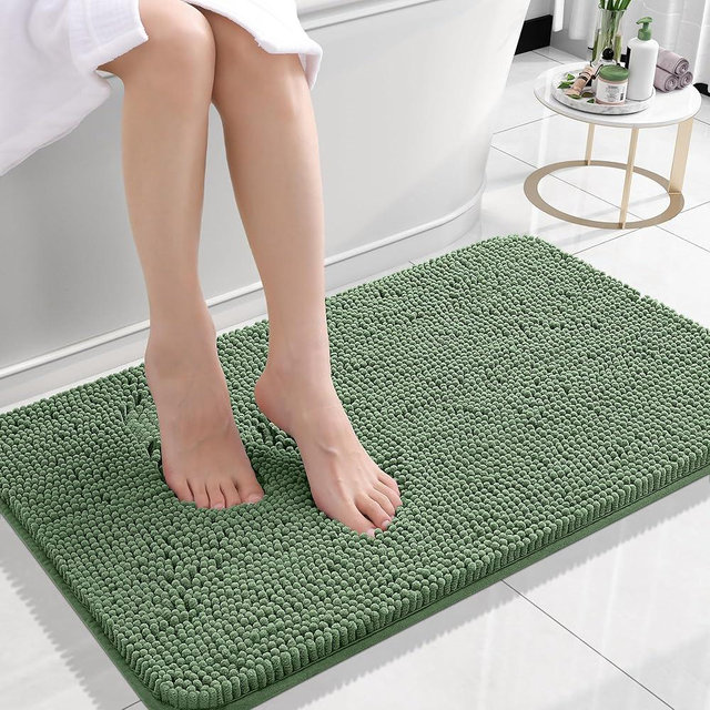 OLANLY Bathroom Rugs 24x16, Extra Soft Absorbent Chenille Bath Rugs, Rubber Backing Quick Dry, Machine Washable Bath Mats for Bathroom Floor, Tub and Shower, Home Decor Accessories, Olive Green