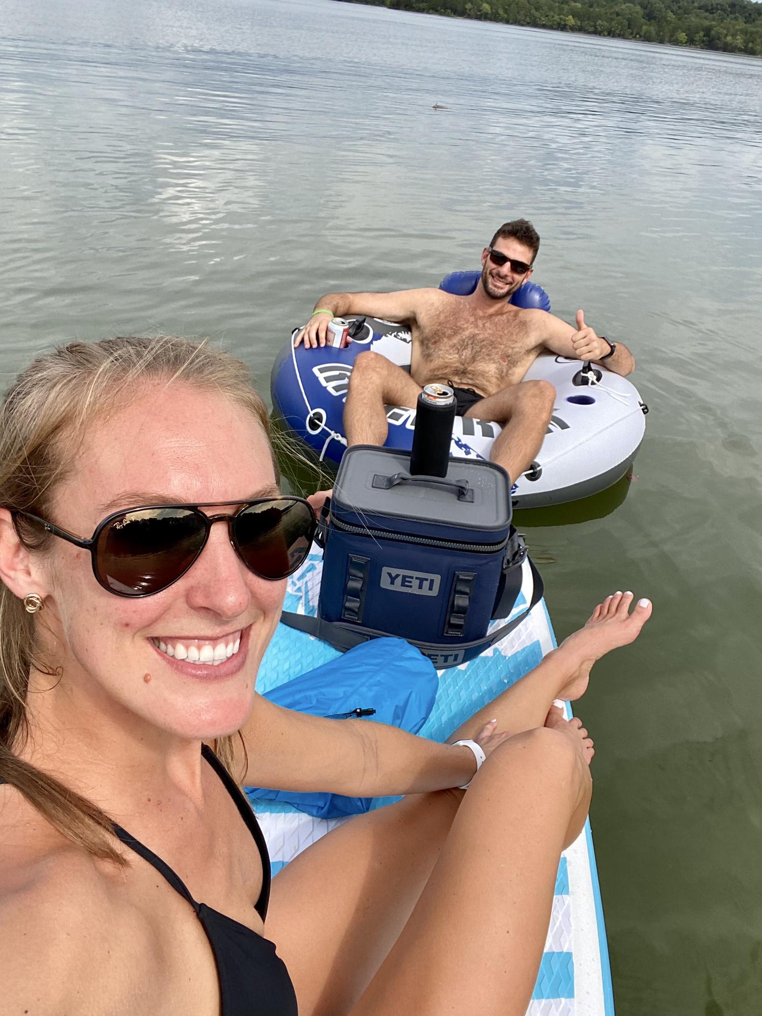 We spend a lot of time at Percy Priest Lake in nashville to stay cool in the summer heat. Stef has a paddle board and would pull JP around in his little inner tube. Cooler always packed, of course