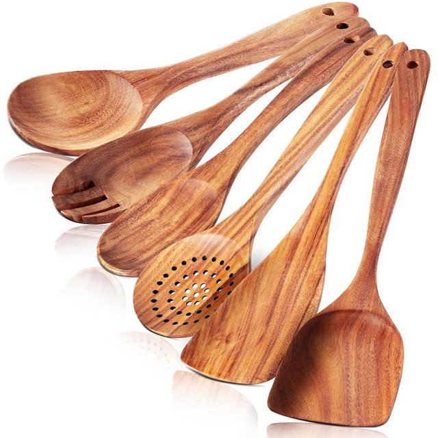 6 Pack Wooden Spoons For cooking – Heat-Resistant Premium Teak Wood Spatula with Comfort Grip, Lightweight Kitchen Cooking Utensils set, wood Spoon utensil Set Perfect for Non-Stick Cookware