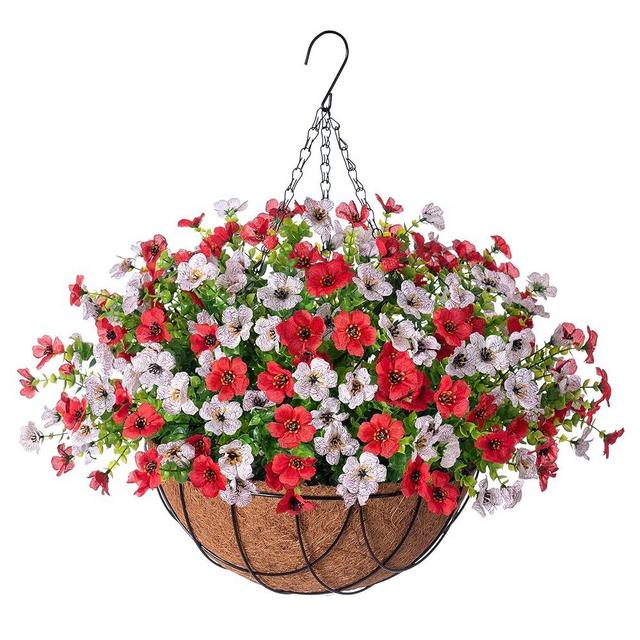 Artificial Silk Flowers Hanging Baskets Outdoors Indoors,Daisy with Eucalyptus Leaves Arrangement for Garden Yard Spring Summer Decor,Faux Green Plant in Metal Coconut Lining Flowerpot(Red and white)