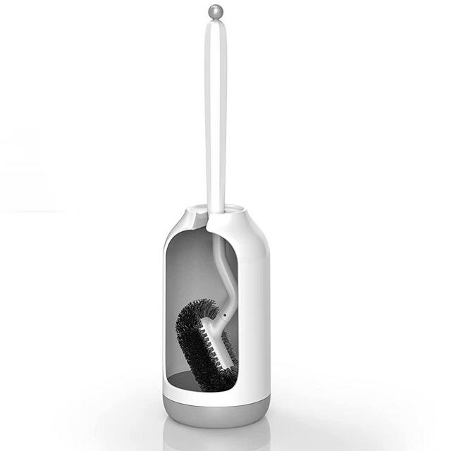 Toilet Bowl Brush Holder Set: Bathroom Deep Cleaning Toilet Cleaner Scrubber Under Rim with Curved Bristle for Dead Corner Clean - Hidden Modern Rv Toilet Decorative Accessories with Caddy - White