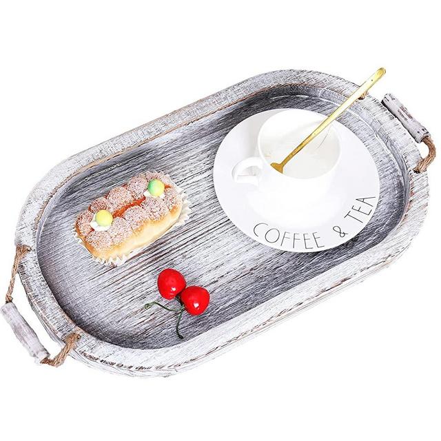 U/D Rustic Wooden Serving Tray with Handles Large Ottoman Breaskfast Trays for Coffee Table,Farmhouse Decor Serving Platters for Kitchen, Living Room,Bedroom,Coffee Table (whitewashed Color, Small)