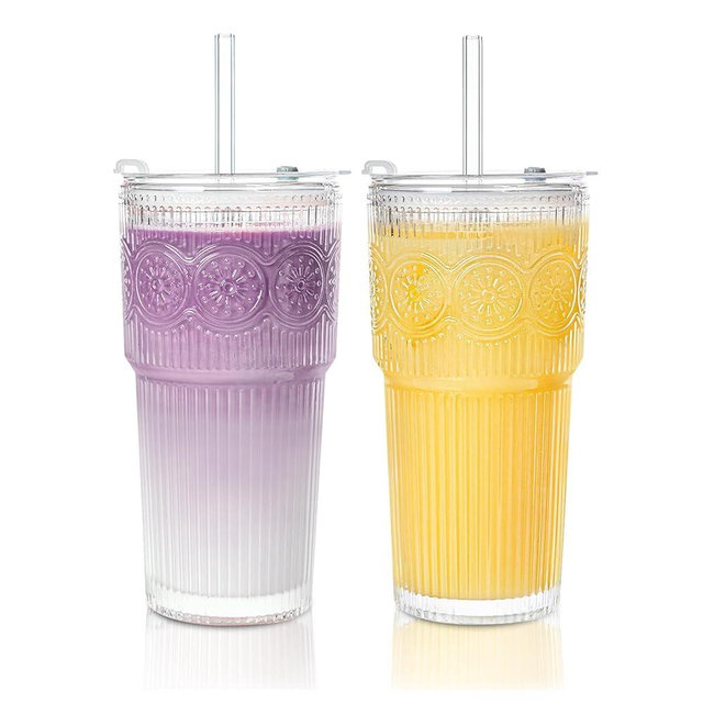 SoulTimes 20oz Ribbed & Floral Glass Tumbler Set of 2 – Reusable Glass Cups with Lid and Glass Straw, To-Go Iced Coffee Cups for Water, Smoothie, Milk, Cocktail & More – Perfect for Daily Use & Travel