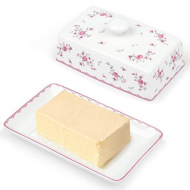 fanquare Porcelain Butter Dish with Lid, Rose Butter Holder,Butter Dish with Cover, Pink