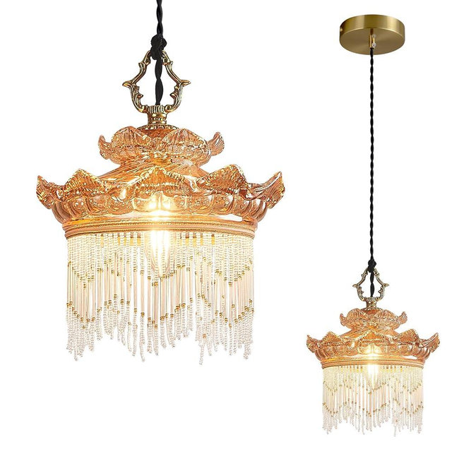JXJYHL Brass Vintage Glass Pendant Light Amber Glass Tassel Chandelier,Adjustable Height Pendant Lights for Dining Room Kitchen Island Bedroom Hallway