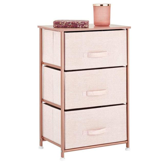 mDesign Vertical Dresser Storage Tower - Sturdy Steel Frame, Wood Top, Easy Pull Fabric Bins - Organizer Unit for Bedroom, Hallway, Entryway, Closets - Textured Print, 3 Drawers - Light Pink/Rose Gold