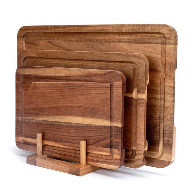 Wood Cutting Board For Kitchen, Wooden Cutting Board Set of 3 with Juice Groove, Double-Sided Chopping Board Serving Board for Meat, Vegetables and Cheese