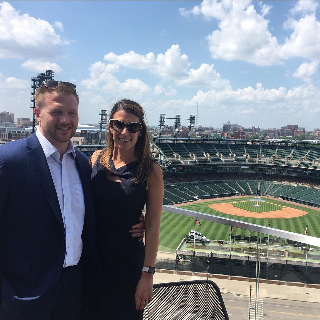 On the roof of the Detroit Athletic Club after our wedding tasting (July 2018)
