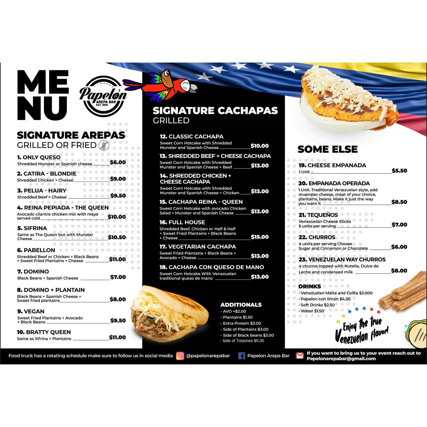 Papelon Food truck Menu