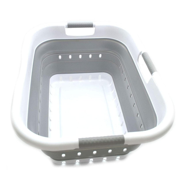 SAMMART 41L Collapsible Plastic Laundry Basket with 3 Handles, White/Grey