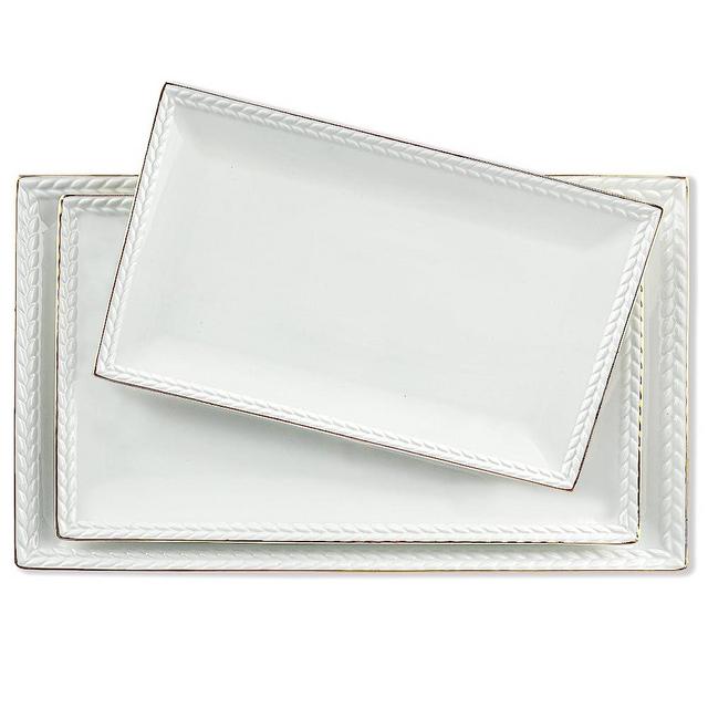 KASSEL Ceramic Serving Platter Set-14/12/10 inches, Rectangular Serving Trays with Golden Rim for Entertaining, Large Serving Trays for Parties, Food, Cookie, Dessert, Unique Design, Oven-Safe