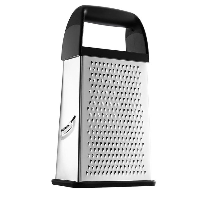 Spring Chef Professional 4 Sided Cheese Grater, Stainless Steel with Soft Grip Handle, Handheld Kitchen Food Shredder Best Box Grater for Parmesan Cheese, Vegetables, Ginger, 10" Black
