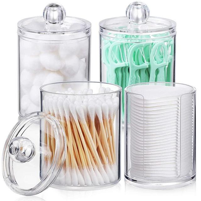 AOZITA 4 Pcs Qtip Holder Dispenser for Cotton Ball, Cotton Swab, Cotton Round Pads, Floss - 10 OZ Clear Plastic Apothecary Jar for Bathroom Canister Storage, Vanity Makeup Organizer
