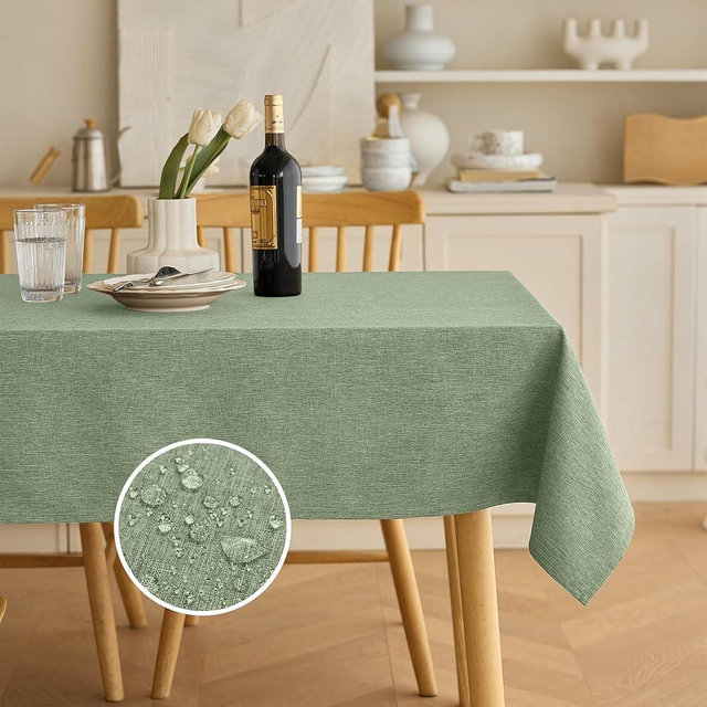 Decorelia Sage Green Rectangle Waterproof Table Cloth for Dining Table,Farmhouse Faux Linen Tablecloth Cover for Birthday, Party, Picnics,Camping& Wedding(Oblong, 52 x 70 Inch (4-6 Seats), Sage Green)