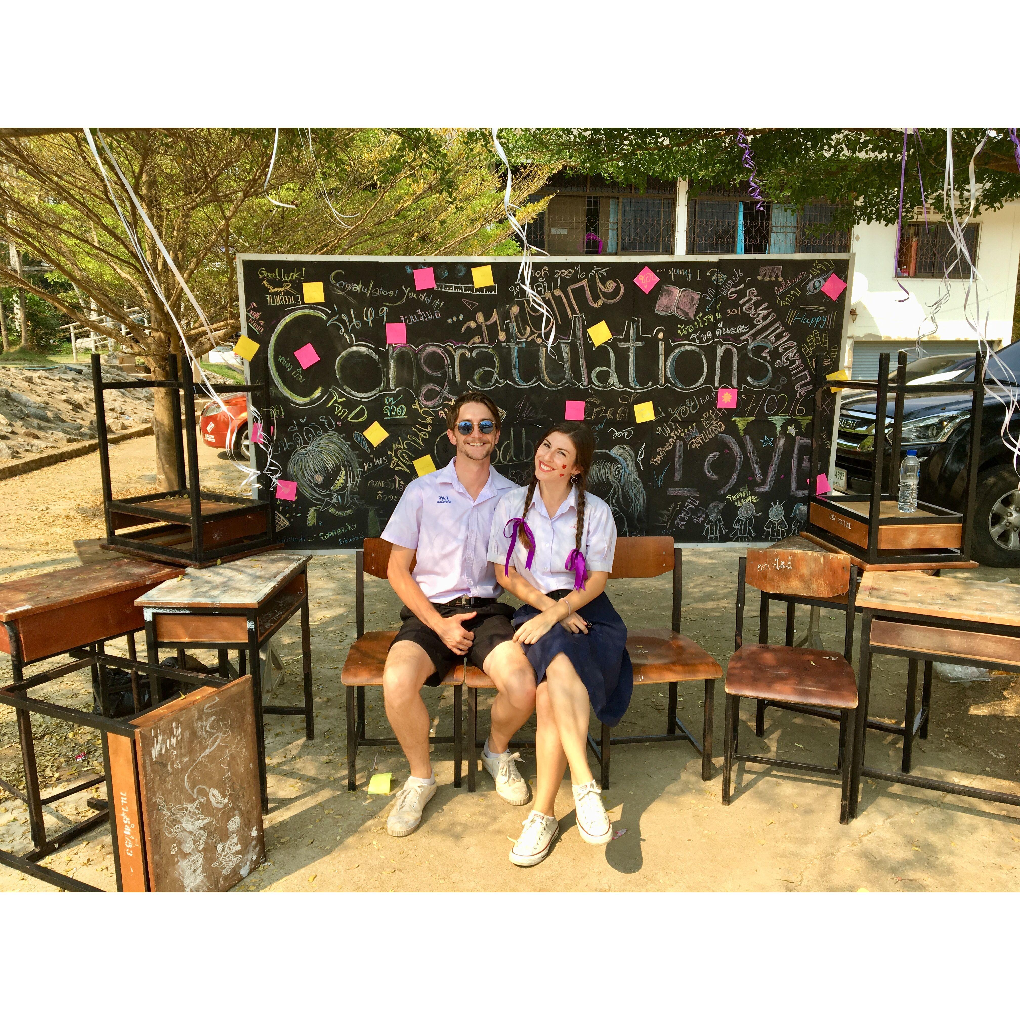 Last day of teaching our students in Thailand, we dressed up as students too!