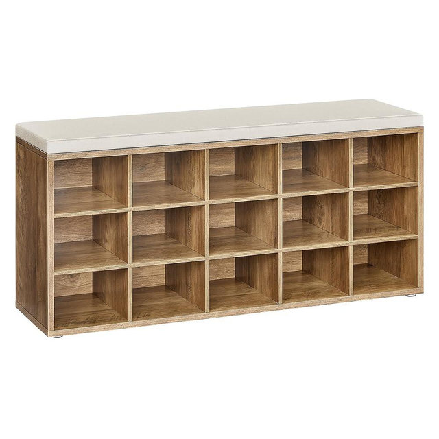 VASAGLE Shoe Bench with Cushion, Storage Bench with Padded Seat, Entryway Bench with 15 Compartments, for Bedroom, 11.8 x 41.3 x 18.9 Inches, Honey Brown and Cappuccino Beige ULHS015K02