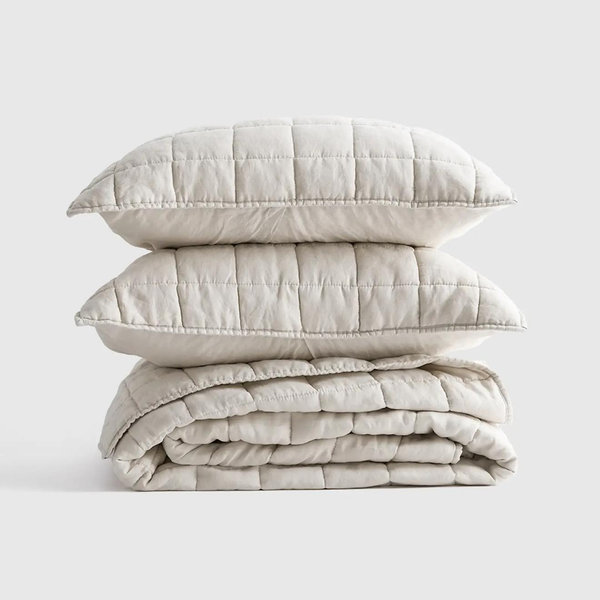European Linen Box Quilt Set - Sand, King/Cal King