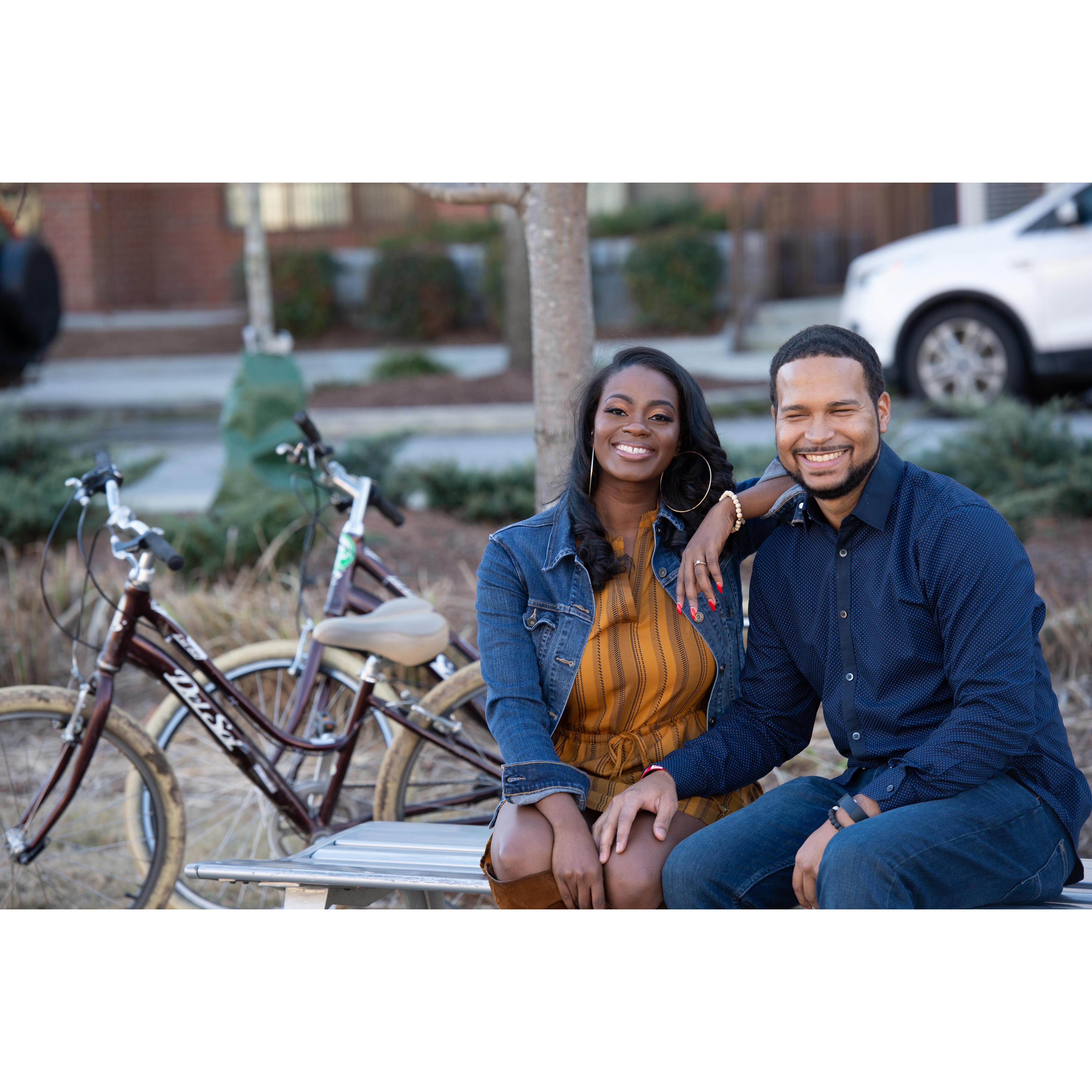 In the park where we had our first date. We took a stroll in the park after CRU and sat on this bench and talked for hours. It's also the same bench D proposed on after we went bike riding on 7/4/18