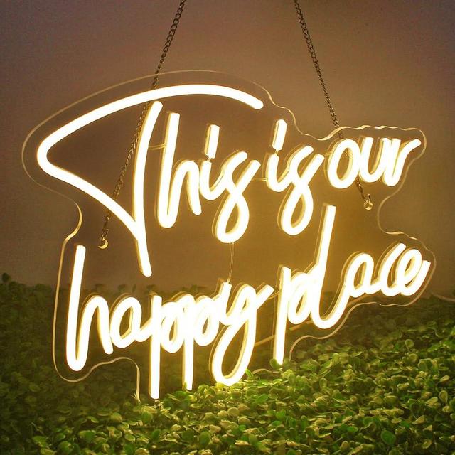 NOSUN This is Our Happy Place Neon Sign, Happy Place Neon Signs for Wall Decor, Dimmable Warm White LED Signs for Bedroom Kid Room Man Cave Home Bar Birthday Wedding Party Game Zone Decor