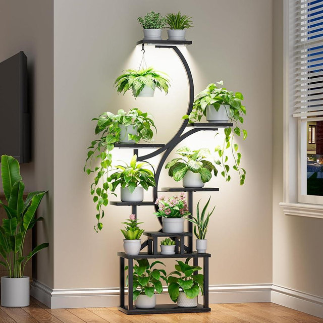 Plant Stand Indoor with Grow Lights - 62" Tall Plant Shelf, Lighted Corner Plant Stands for Indoor Growing, 8 Tiered Large Flower Holder, S-Shaped Plants Rack for Living Room, Patent Design, Black
