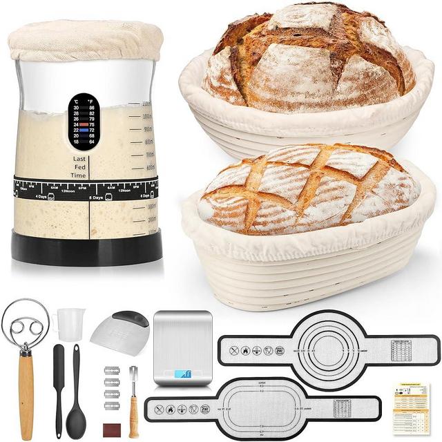 Coco Bird Pro Sourdough Starter Kit- 50oz Large Capacity Sourdough Starter Jar,17 Flavor Recipes,2 Bread Proofing Baskets,Food Scale,Bench Scraper,Bread Lame,Complete Sourdough Bread Baking Supplies