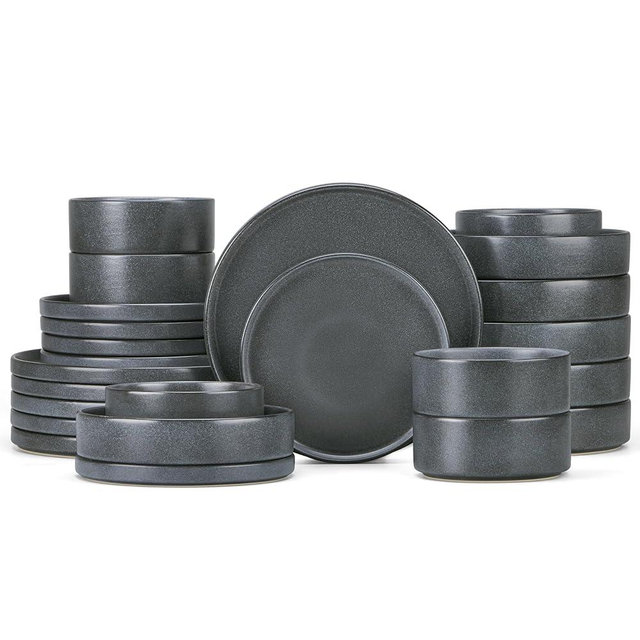 Herogo Dinnerware Dishes Sets with Salad Bowls, 24 Piece Plates and Bowls for 6, Dishwasher & Microwave Safe Ceramic Stoneware for Kitchen, Dark Gray