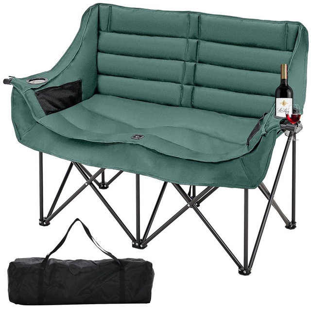 MOPHOTO Double Camping Chair, Fully Padded Folding Camping Loveseat Duo Chair for Adults, Oversized Double Folding Chair, Camping Bench Lawn Chairs Patio Lounge Chairs for Adults