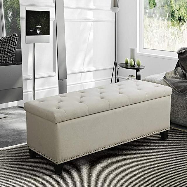 Husbedom 48"(W) Rectangular Storage Ottoman Bench Linen Fabric Tufted Footrest Flip Top for Bedroom and Livingroom,Beige