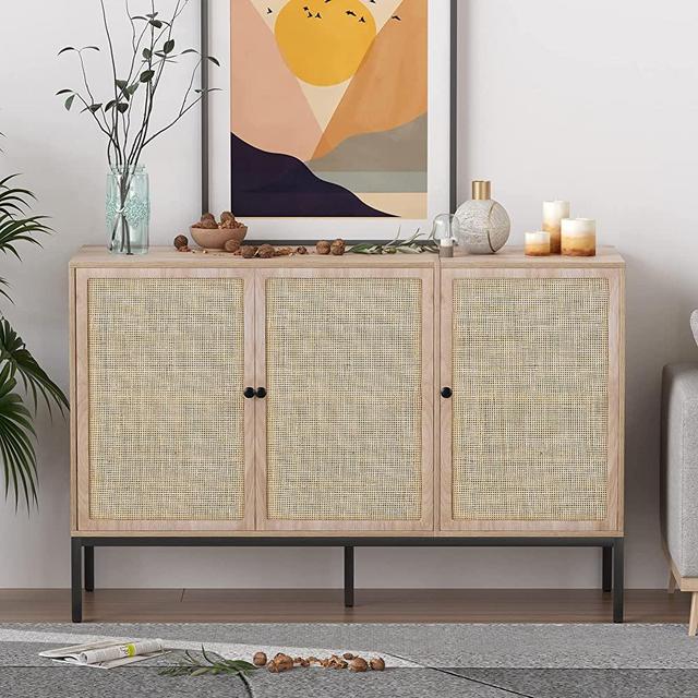 Sideboard Buffet Cabinet with Handmade Natural Decorated Doors,Accent Cabinet Storage Cabinet,Buffet Table，Console Cabinet with Metal Legs for Living Room, Hallway or Entryway, Natural 3 Doors